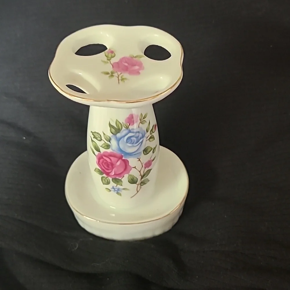 Vintage Floral Porcelain Vanity Toothbrush Holder Pink Blue Rose Motif
